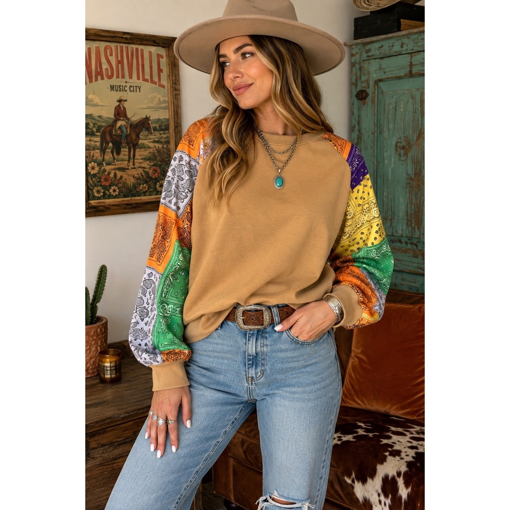 Easel Los Angeles Camel Bandana Patchwork Sleeve Sweatshirt ET22084 Medium Boho